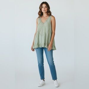 Easel Lace Detail Boho Tank Green Size Small